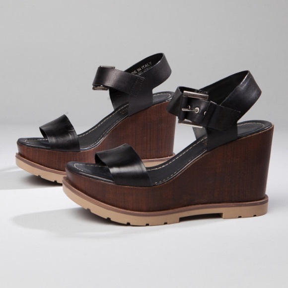 Black Italian Leather Wooden Platform Wedge Sandal - Picture 2 of 6